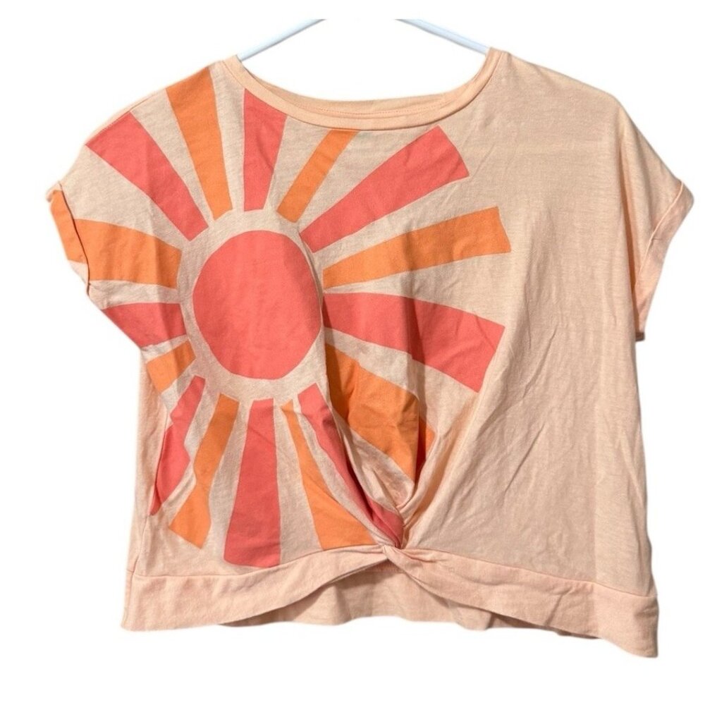 Old Navy Youth Size L 10-12 T Shirt Orange Floral Runched Summer Spring School